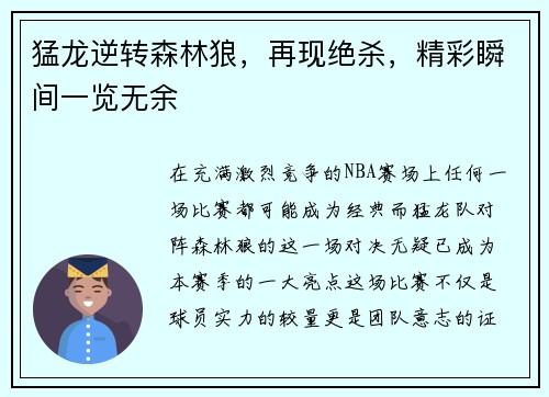 猛龙逆转森林狼，再现绝杀，精彩瞬间一览无余
